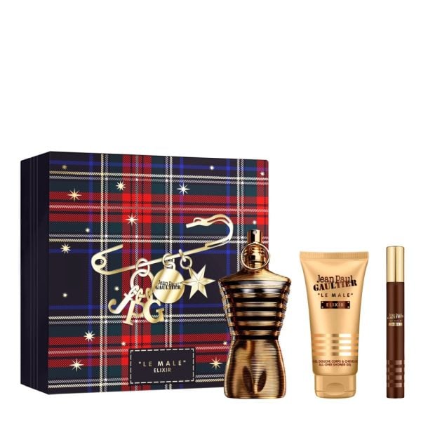 The Jean Paul Gaultier Le Male Elixir Parfum Gift Set Features: Le Male Elixir Parfum 75ml, Parfum Travel Spray 10ml and Shower Gel 75ml.