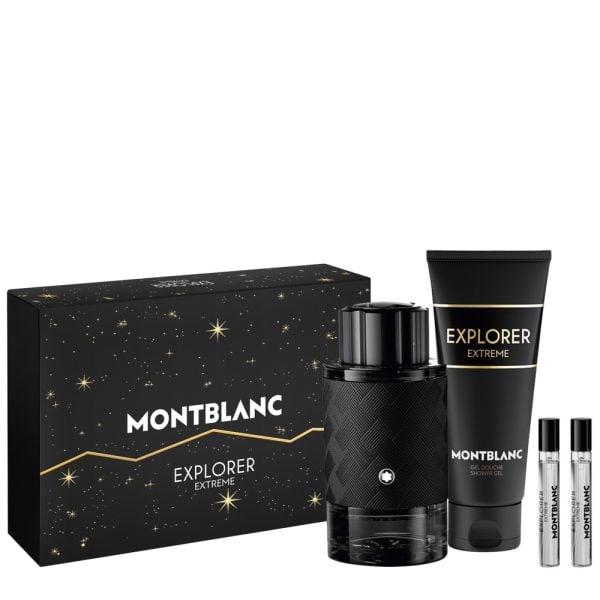 The Montblanc Explorer Extreme Parfum Gift Set Features Explorer Extreme Parfum 100ml, Shower Gel 100ml and Parfum 7.5ml x 2.