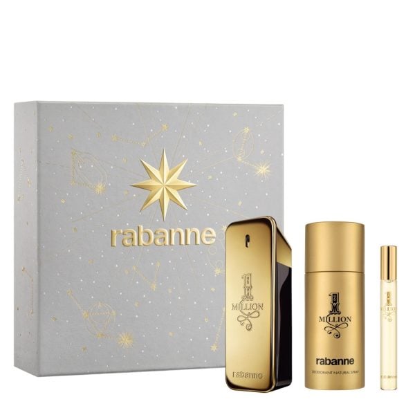The Rabanne 1 Million Gift Set Features 1 Million Eau De Toilette 100ml, EDT Travel Spray 10ml and Deodorant Spray 150ml.