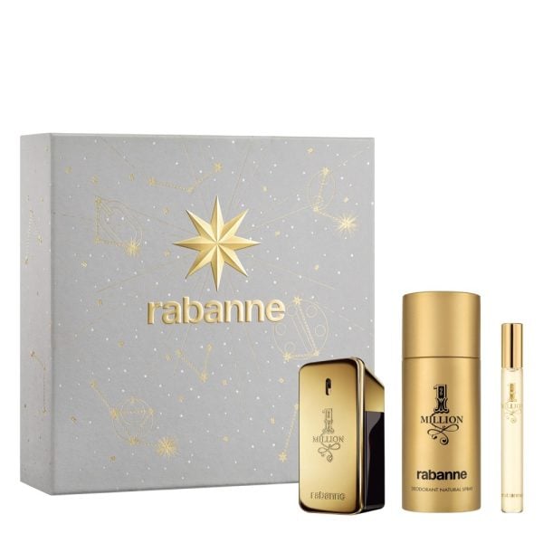 The Rabanne 1 Million Gift Set Features 1 Million Eau De Toilette 50ml, EDT Travel Spray 10ml and Deodorant Spray 150ml.