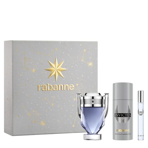 The Rabanne Invictus Gift Set Features Invictus Eau De Toilette 100ml, EDT Travel Spray 10ml and Deodorant Spray 150ml.