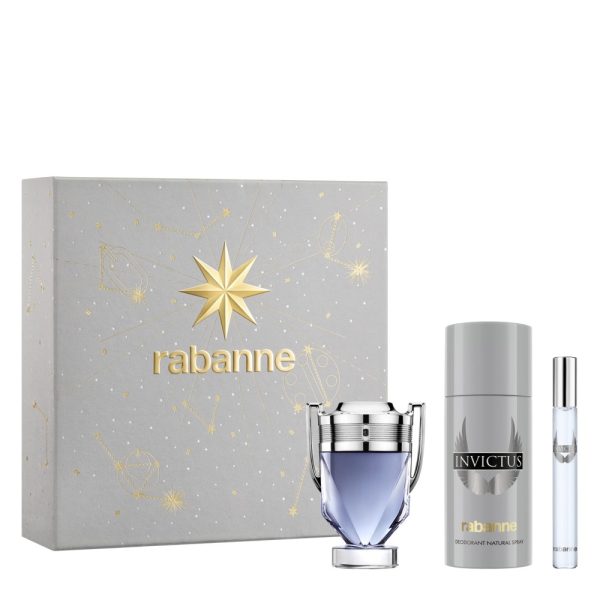 The Rabanne Invictus Gift Set Features Invictus Eau De Toilette 50ml, EDT Travel Spray 10ml and Deodorant Spray 150ml.