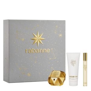 The Rabanne Lady Million Gift Set Features Lady Million Eau de Parfum 50ml, EDP Travel Spray 10ml and Body Lotion 100ml.