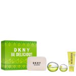 The DKNY Be Delicious Gift Set Features Be Delicious Eau De Parfum 100ml, EDP Travel Spray 15ml, Body Lotion 100ml and Pouch Bag.