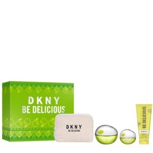 The DKNY Be Delicious Gift Set Features Be Delicious Eau De Parfum 100ml, EDP Travel Spray 15ml, Body Lotion 100ml and Pouch Bag.