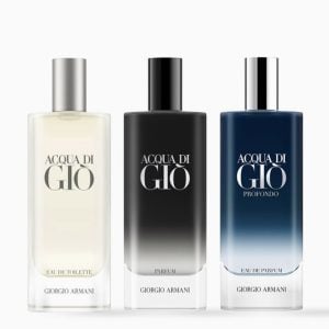 The Giorgio Armani Acqua Di Gio Trio Luxury Gift Set Features: Acwua Di Gio Eau De Toilette 15ml Acqua Di Gio Parfum 15ml Acqua Di Gio Profondo Eau De Parfum 15ml