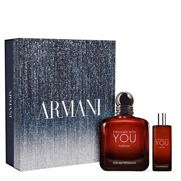 The Emporio Armani Stronger With You Parfum Gift Set Features Stronger with You Parfum 100ml and Parfum Travel Spray 15ml.