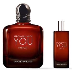 The Emporio Armani Stronger With You Parfum Gift Set Features Stronger with You Parfum 100ml and Parfum Travel Spray 15ml.