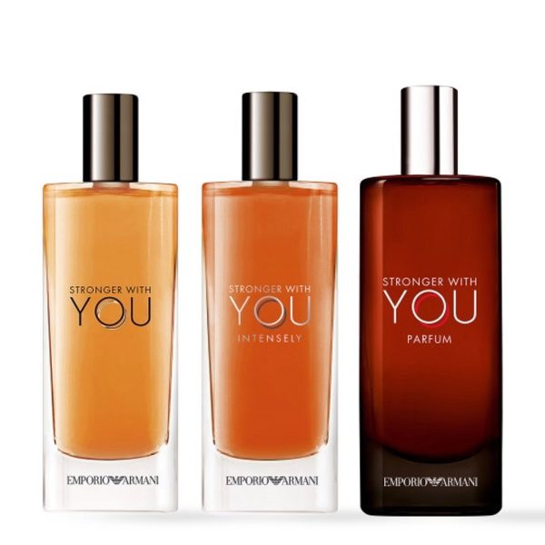The Emporio Armani Stronger with you Luxury Christmas Miniature Gift Set Features Stronger with you Eau De Toilette 15ml, Stronger with you Intensely Eau de Parfum 15ml and Stronger with you Parfum 15ml.