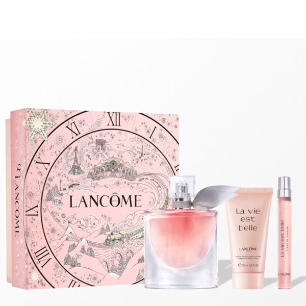The Lancome La Vie Est Belle Gift Set Features La Vie Est Belle Eau De parfum Refillable 50ml, Eau de Parfum Travel Spray 10ml and Body Lotion 50ml.