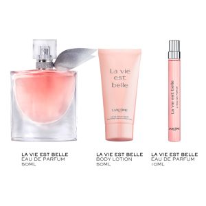 The Lancome La Vie Est Belle Gift Set Features La Vie Est Belle Eau De parfum Refillable 50ml, Eau de Parfum Travel Spray 10ml and Body Lotion 50ml.