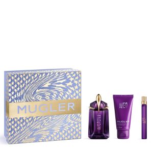 The Mugler Alien Gift Set Features Alien Eau de Parfum 60ml, EDP Travel Spray 10ml and Body Lotion 50ml.