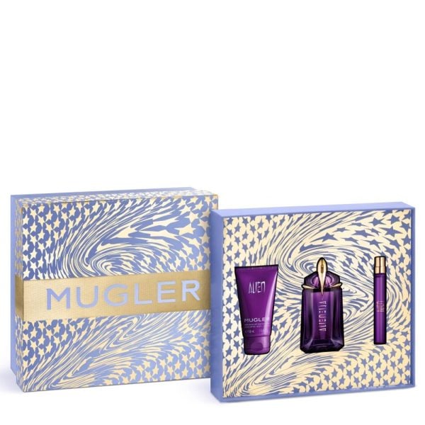 The Mugler Alien Gift Set Features Alien Eau de Parfum 60ml, EDP Travel Spray 10ml and Body Lotion 50ml.