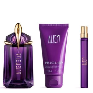 The Mugler Alien Gift Set Features Alien Eau de Parfum 60ml, EDP Travel Spray 10ml and Body Lotion 50ml.