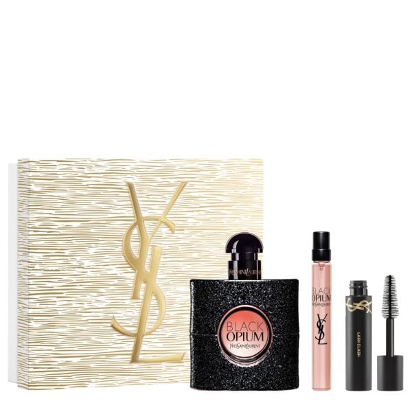 The Yves Saint Laurent Black Opium Gift Set Features Black Opium Eau De Parfum 50ml, EDP Travel Spray 10ml and Mascara 2ml.