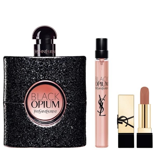The Yves Saint Laurent Black Opium Gift Set Features Black Opium Eau De Parfum 90ml, EDP Travel Spray 10ml and Miniature Lipstick.
