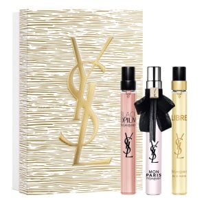 The Yves Saint Laurent YSL Miniature Gift Set Features Black Opium Eau De Parfum 10ml, Libre Eau De Parfum 10ml and Mon Paris Eau De Parfum 10ml.