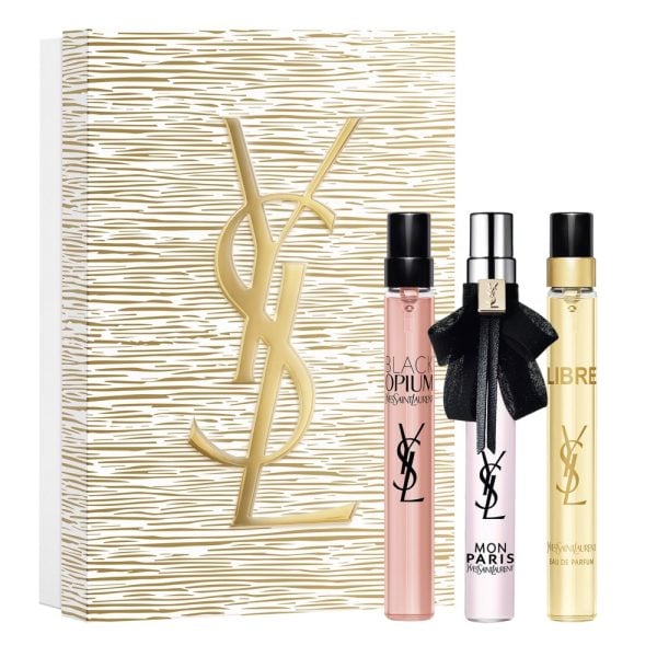 The Yves Saint Laurent YSL Miniature Gift Set Features Black Opium Eau De Parfum 10ml, Libre Eau De Parfum 10ml and Mon Paris Eau De Parfum 10ml.