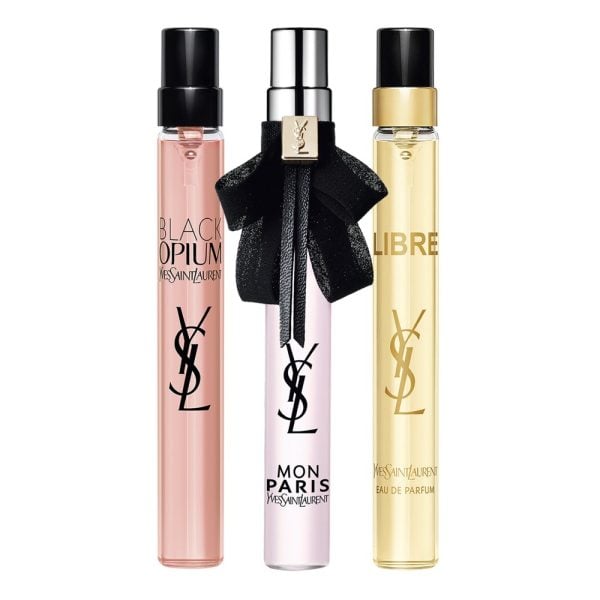 The Yves Saint Laurent YSL Miniature Gift Set Features Black Opium Eau De Parfum 10ml, Libre Eau De Parfum 10ml and Mon Paris Eau De Parfum 10ml.