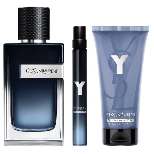 The Yves Saint Laurent YSL Y For Men Gift Set Features Y Eau De Parfum 100ml, EDP Travel Spray 10ml and Shower Gel 50ml.