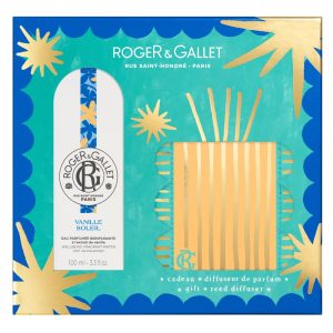 The Roger & Gallet Vanille Soleil Gift Set Features Vanille Soleil Wellbeing Fragrance Water 100ml and Reed Diffuser 25ml.