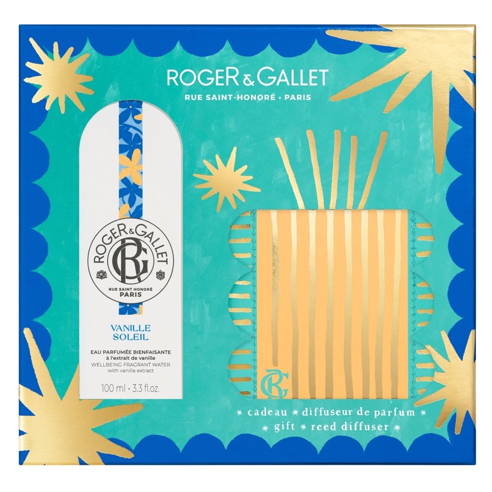 Roger & Gallet Vanille Soleil 100ml Xmas 2025 Gift Set The Roger & Gallet Vanille Soleil Gift Set Features Vanille Soleil Wellbeing Fragrance Water 100ml and Reed Diffuser 25ml.