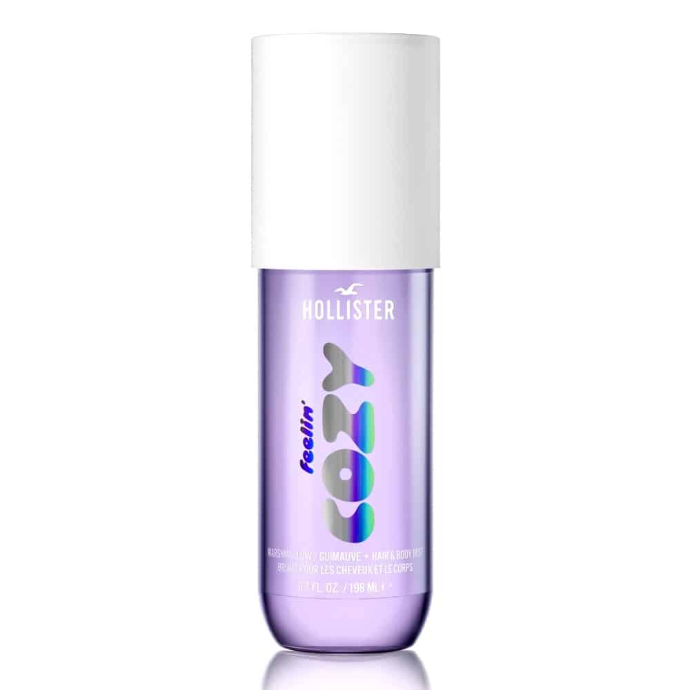 Hollister Feelin Cozy Hair & Body Mist purple hued Hollister Feelin Cozy hair and body mist bottle