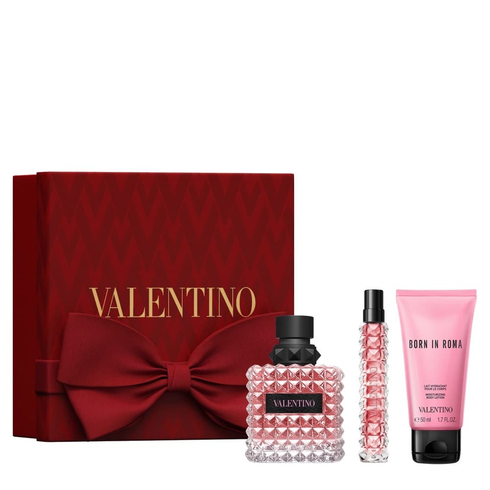 Valentino Donna Born in Roma 100ml 2026 Gift Set Image of The Valentino Donna Born In Roma Gift Set Features Donna Born In Roma Eau De Parfum 100ml, EDP Travel Spray 10ml and Body Lotion 50ml.